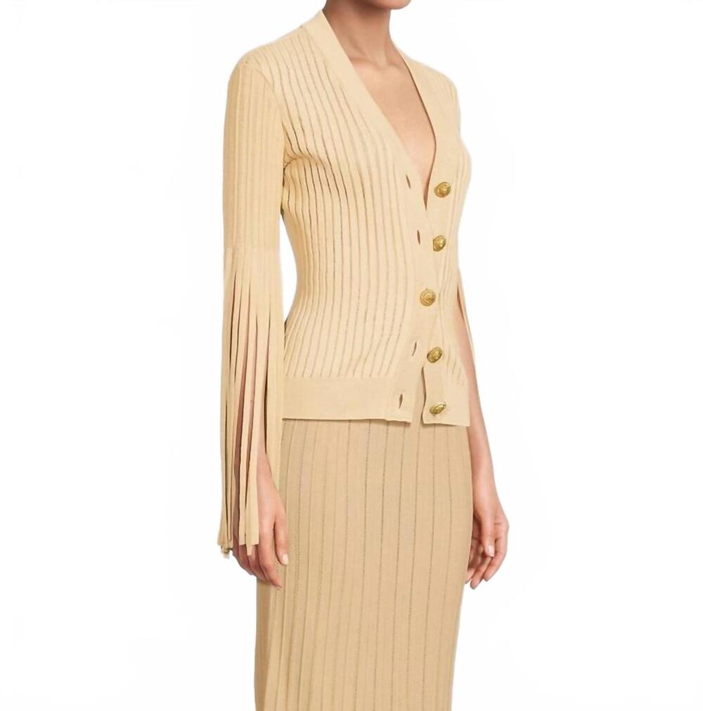 NEW BALMAIN fringed sleeve v neck cardigan in beige